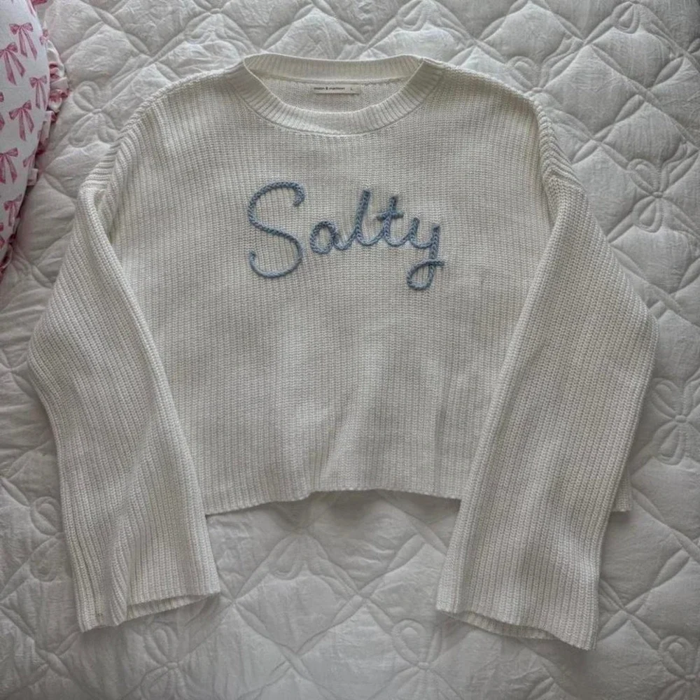 cream and sky blue knitted beachy sweater 